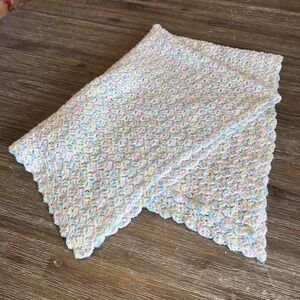 Vintage Crochet Afghan Baby Blanket Seafoam‎ green, yellow, white shimmer  38X30